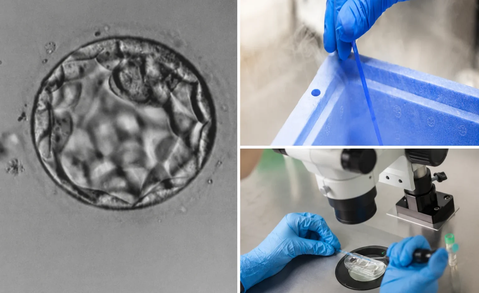 Embryo freezing process showing cryopreserved embryo and laboratory fertility preservation procedure