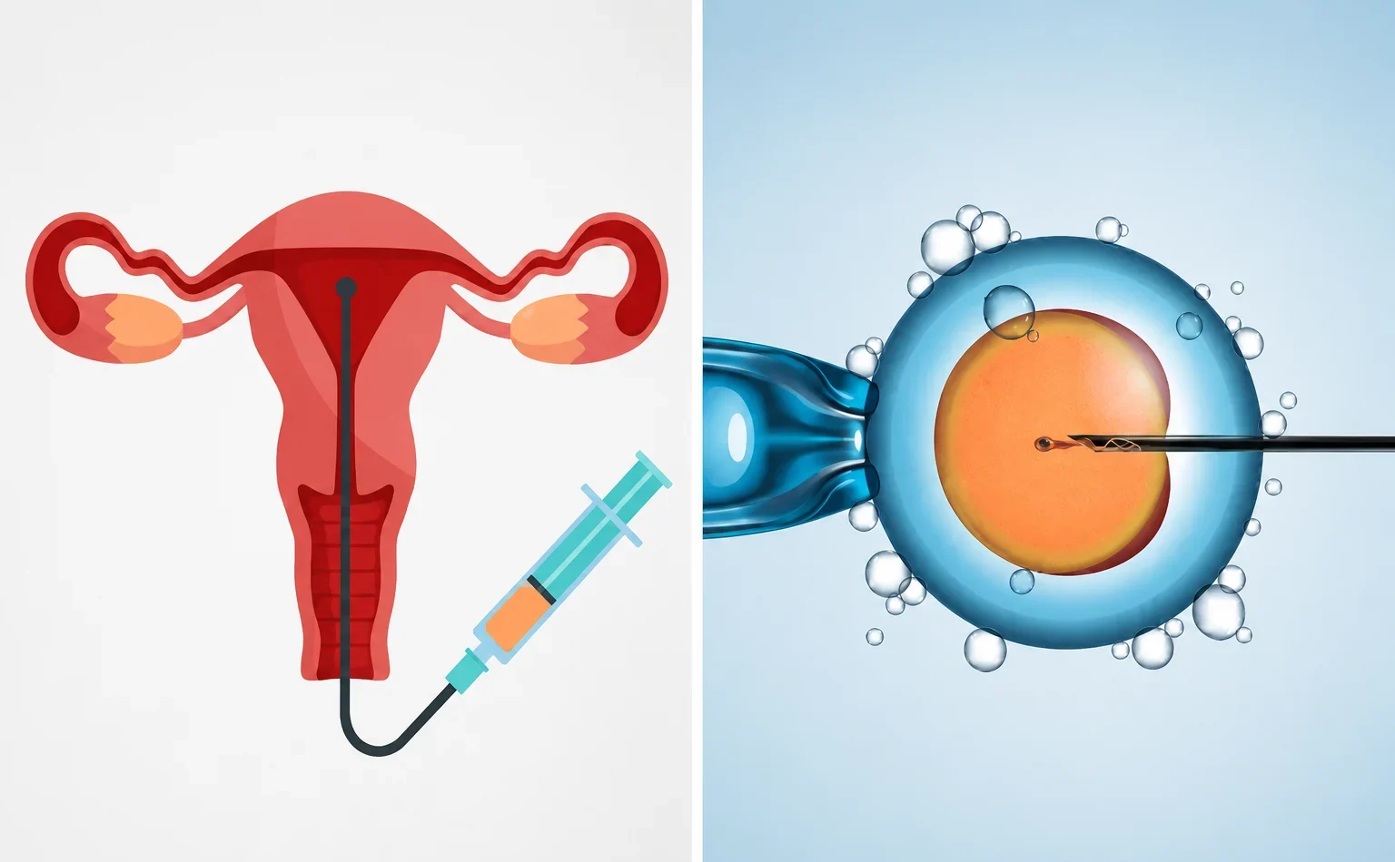IUI vs IVF comparison showing intrauterine insemination and in vitro fertilization fertility treatment procedures