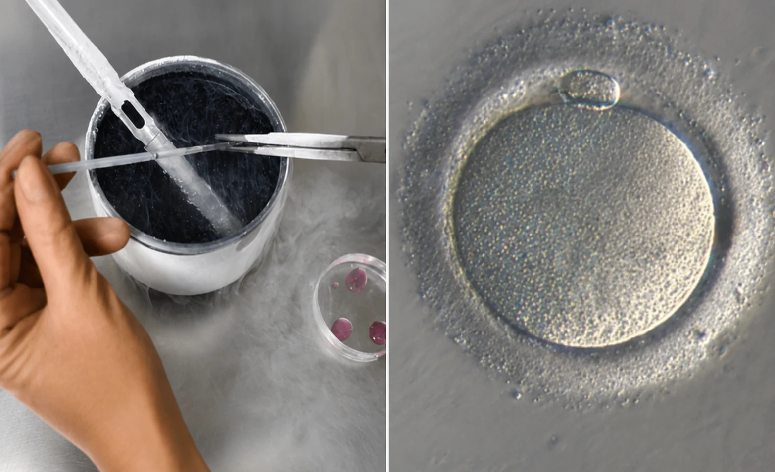 Oocyte freezing procedure showing egg cryopreservation and mature oocyte under microscopic examination