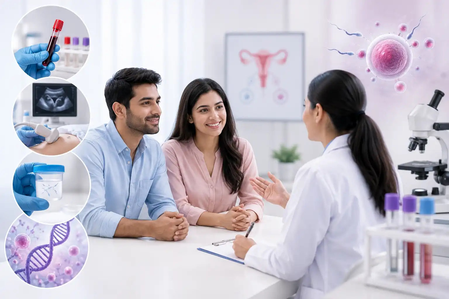 Fertility Tests for men and women showing blood tests, ultrasound and fertility evaluation